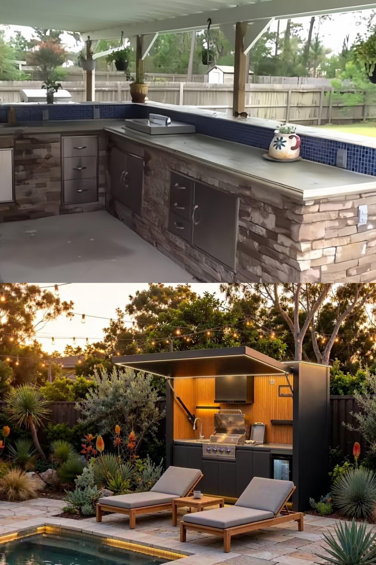 A traditional built-in outdoor kitchen above a freestanding kitchen pod beside a pool
