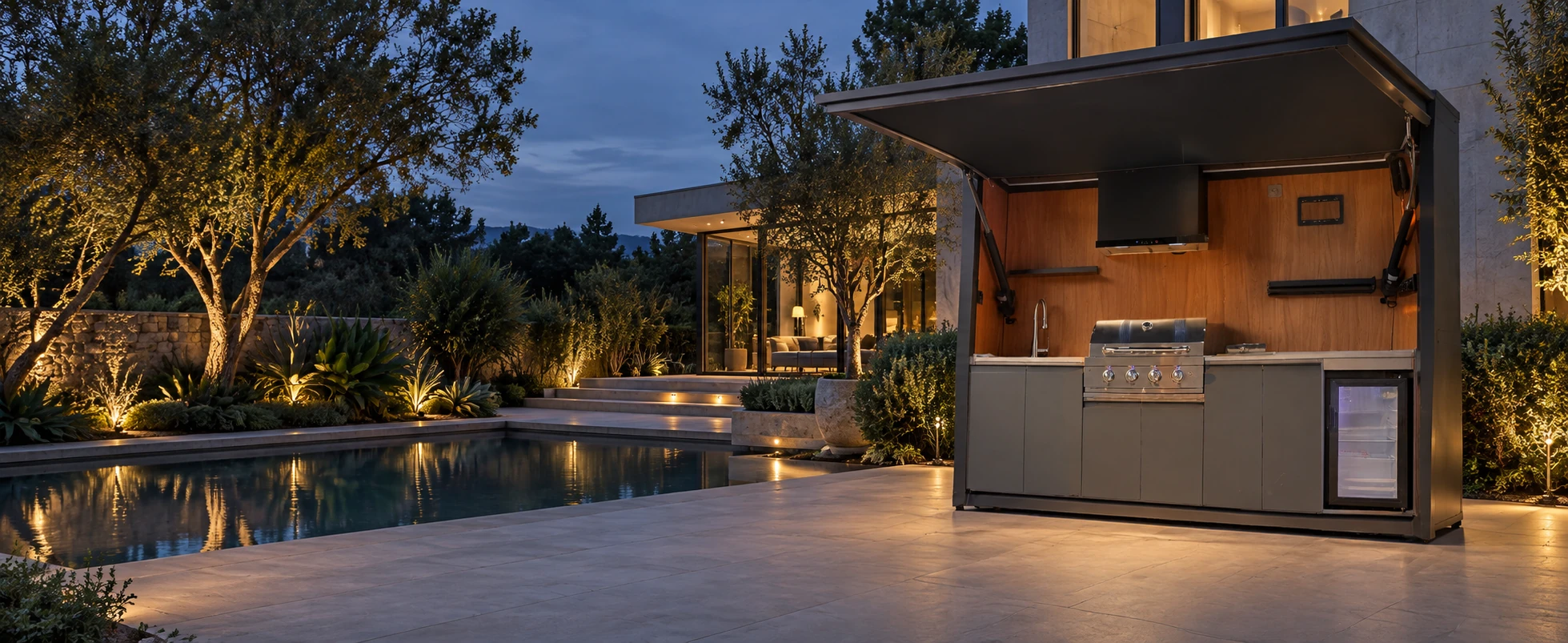 Outdoor living scene with a kitchen pod beside a pool at blue hour