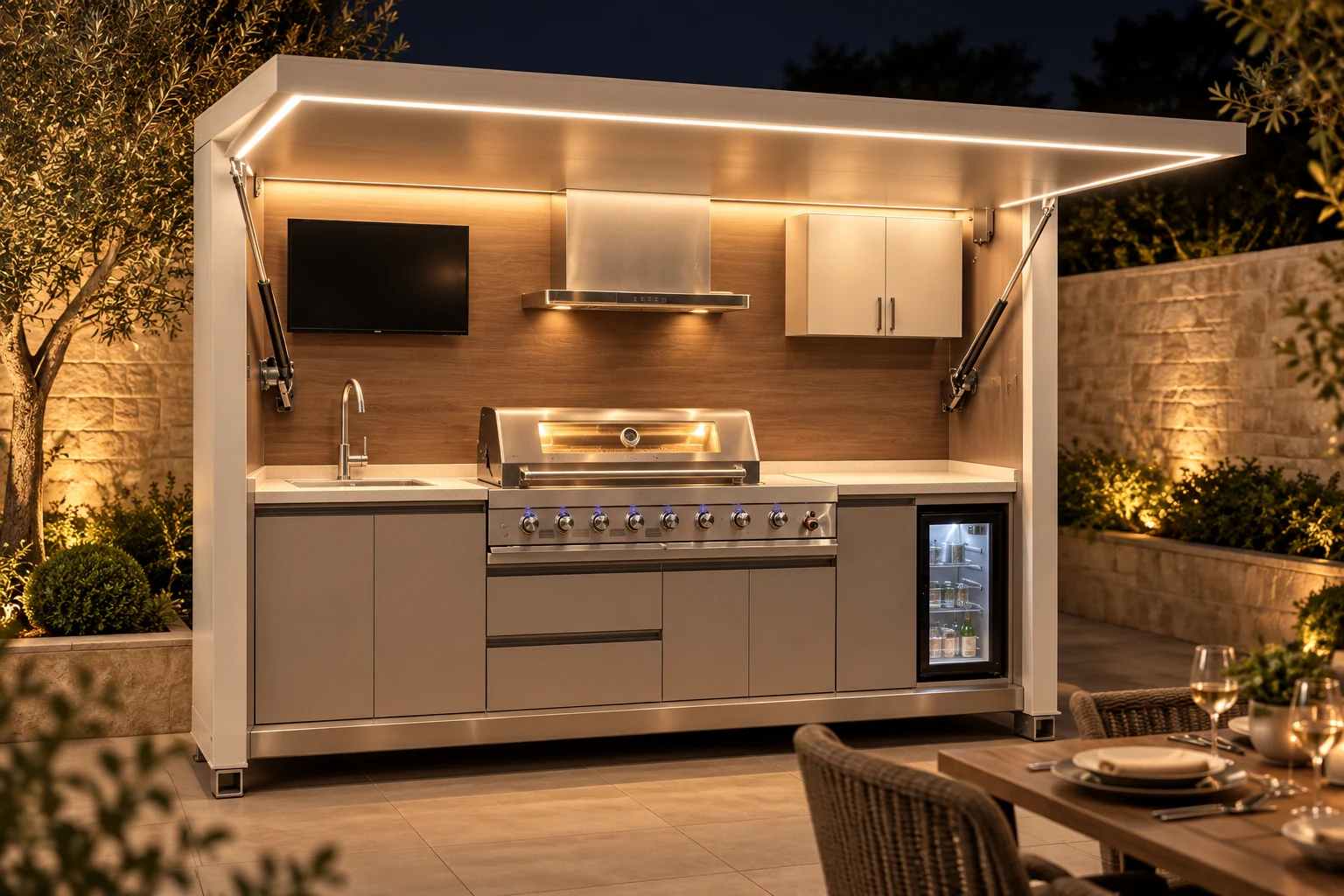 Outdoor kitchen in a landscaped courtyard