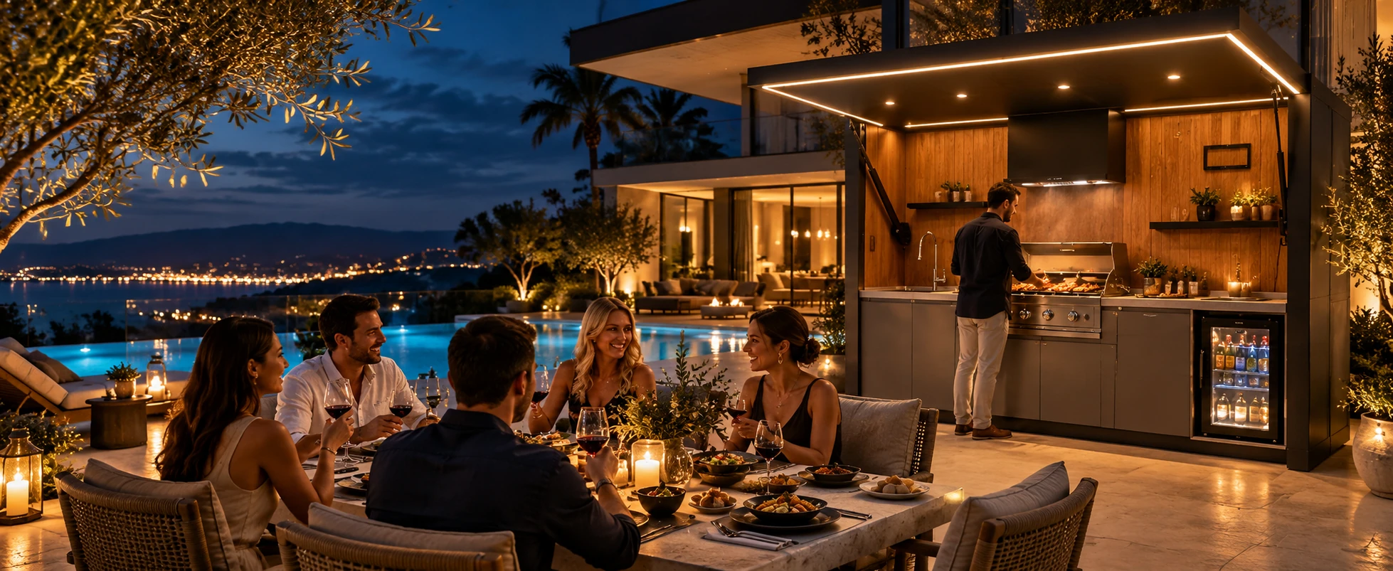 Friends dining beside an outdoor kitchen overlooking a bay at night