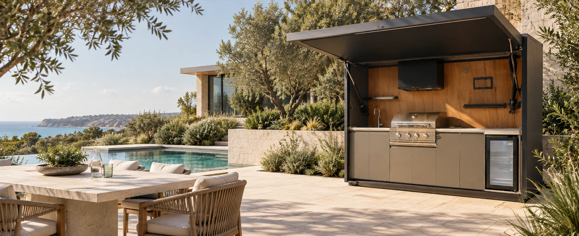 Outdoor living scene with a kitchen pod on a sunlit coastal terrace beside a pool