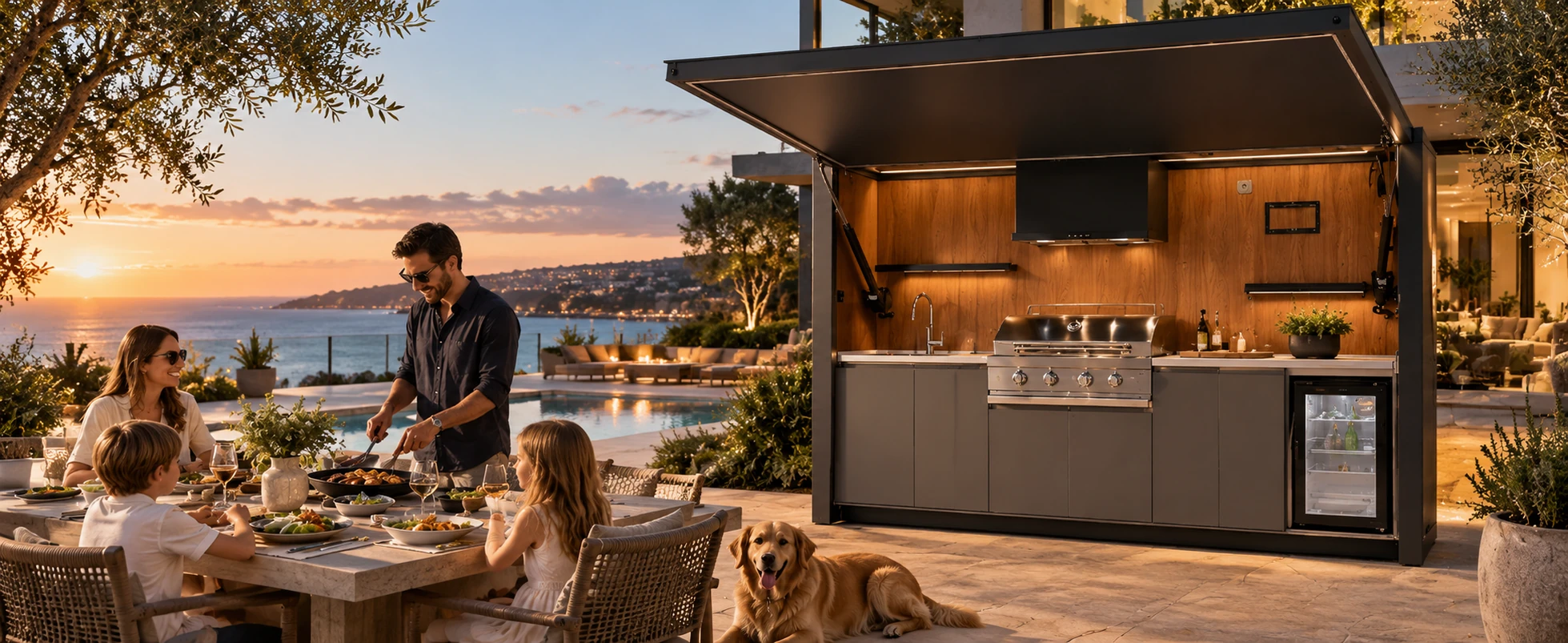 A family sharing dinner beside an outdoor kitchen at sunset