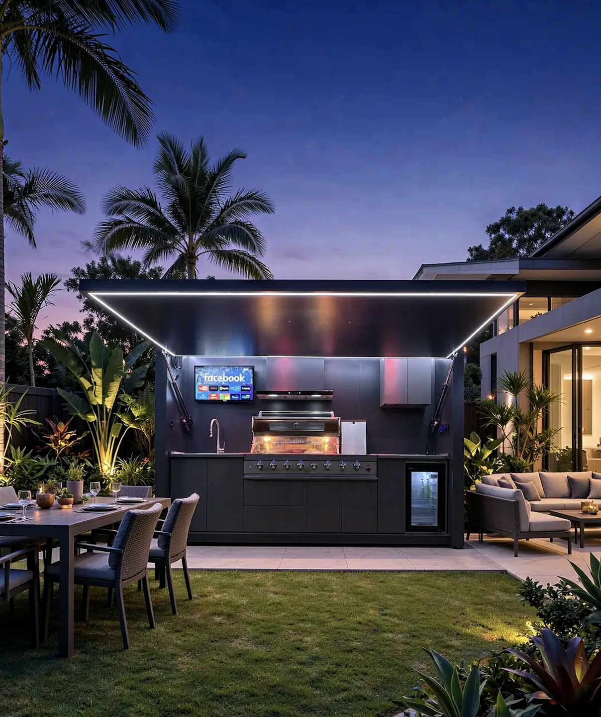 Illuminated outdoor kitchen in a tropical garden at dusk