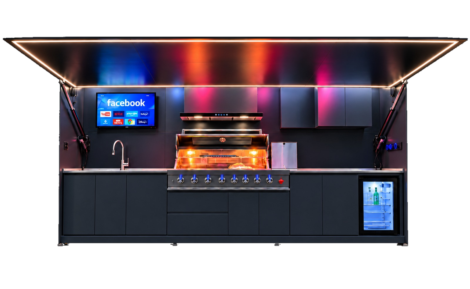 Pod Luxe with open canopy, entertainment screen, barbecue and illuminated ceiling
