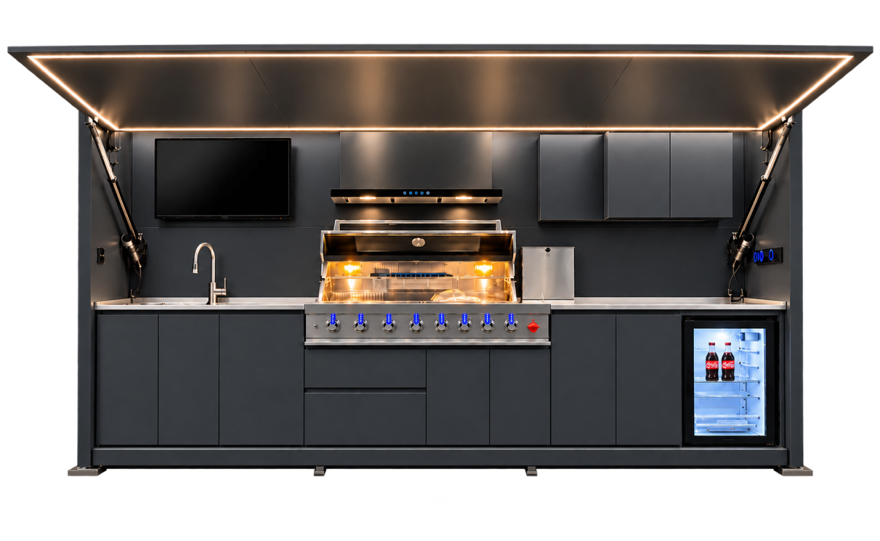 Pod Pro with open canopy, television, barbecue, overhead storage and refrigerator