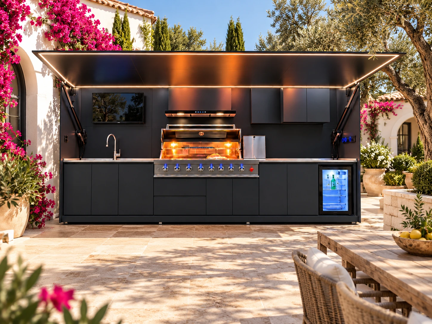 An open black Pro kitchen pod in a sunny courtyard
