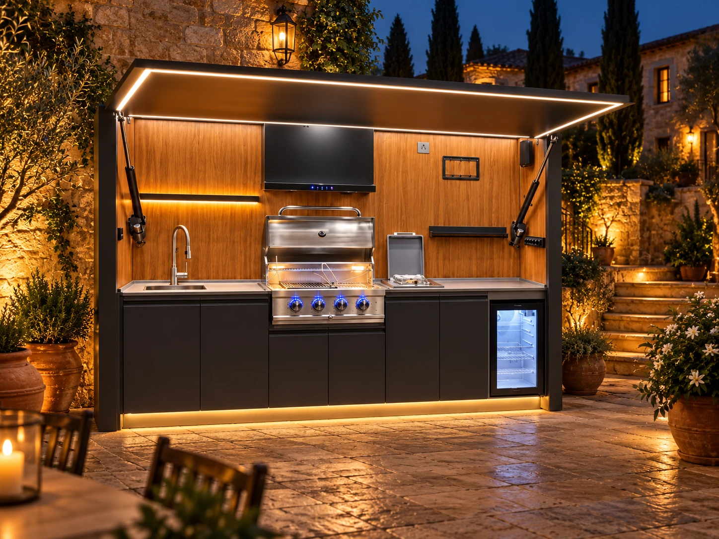 A warm wood-lined Classic kitchen pod in an evening courtyard