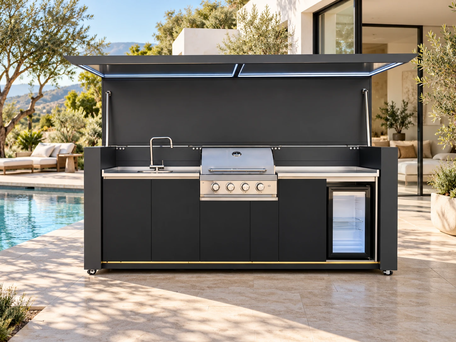 An open Compact kitchen pod beside a sunlit swimming pool