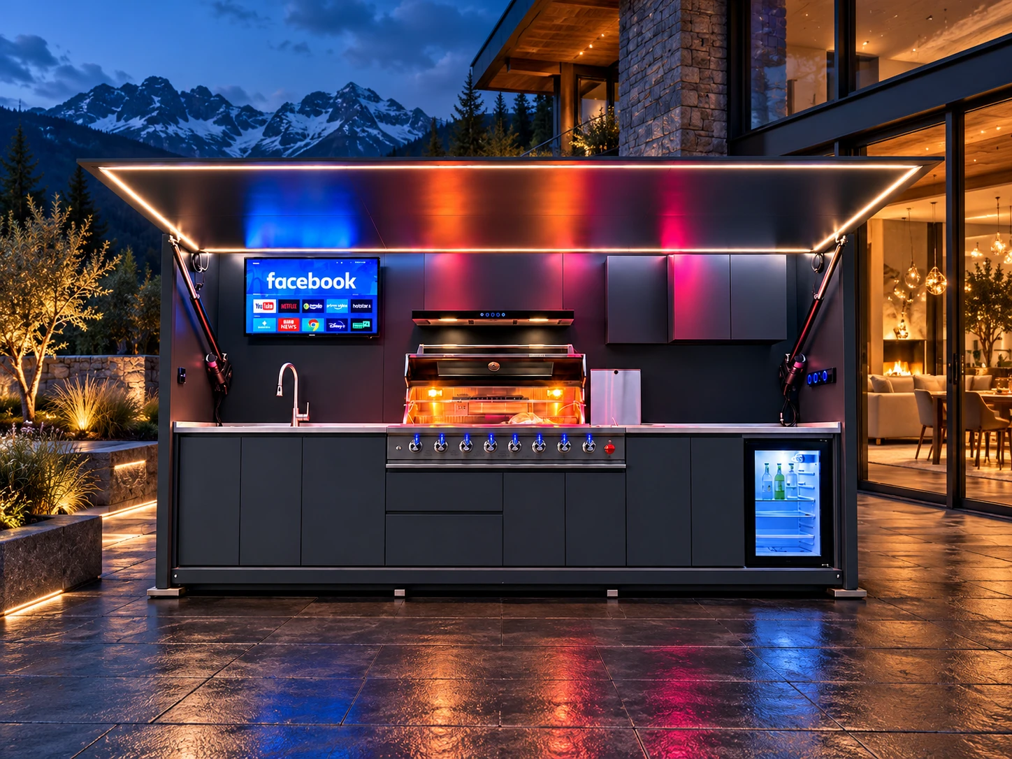 An illuminated Luxe kitchen pod beside a mountain home at dusk