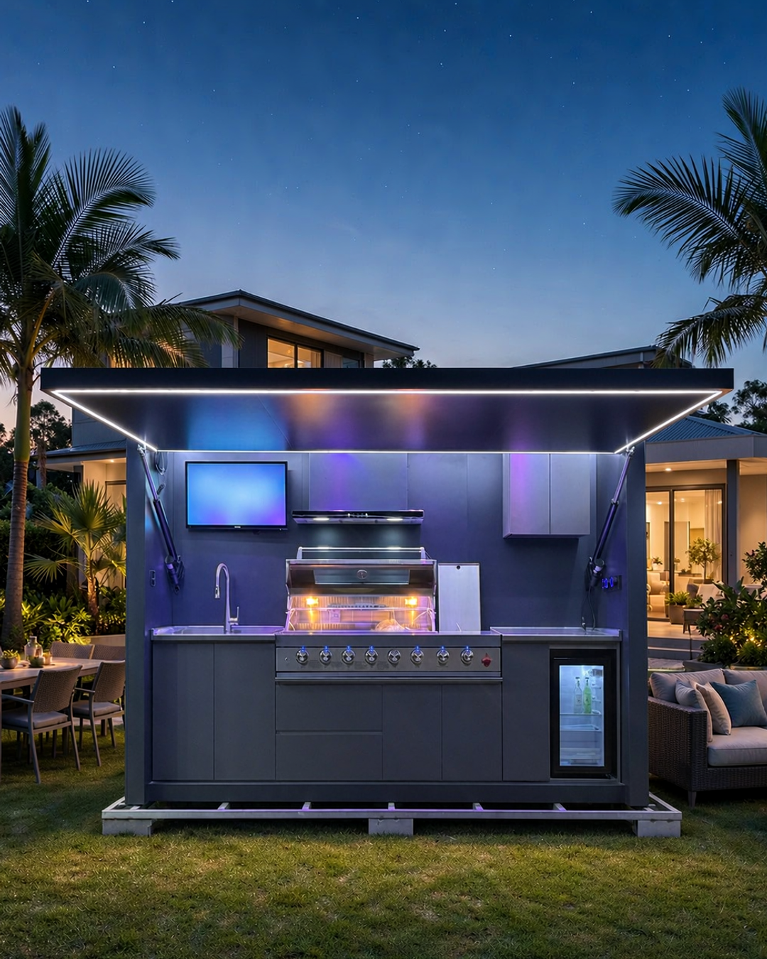 An illuminated bluehour outdoor kitchen with an open canopy in a garden at blue hour