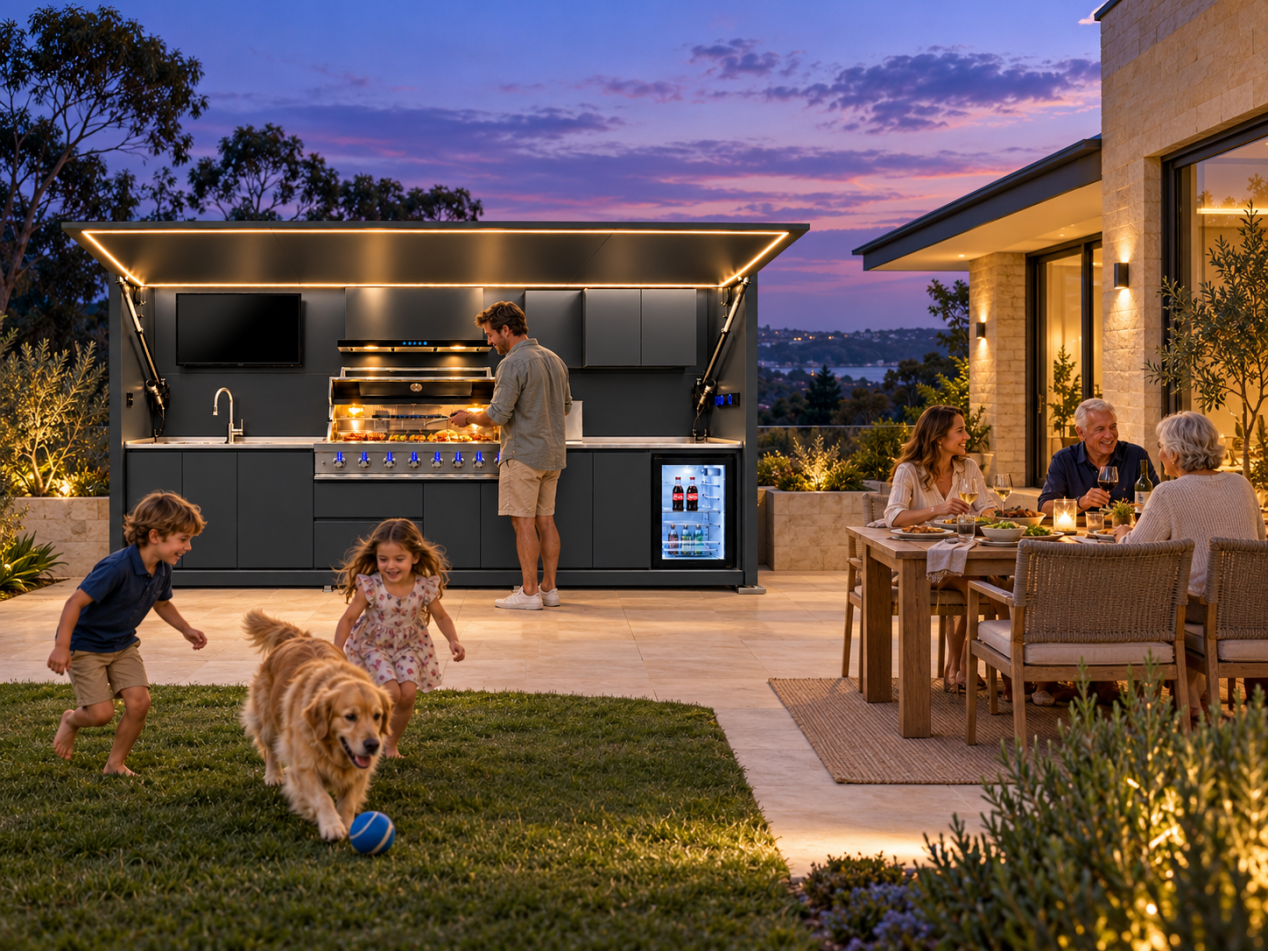 Family and friends gathering around a bluehour kitchen at dusk, with children and a dog playing on the lawn