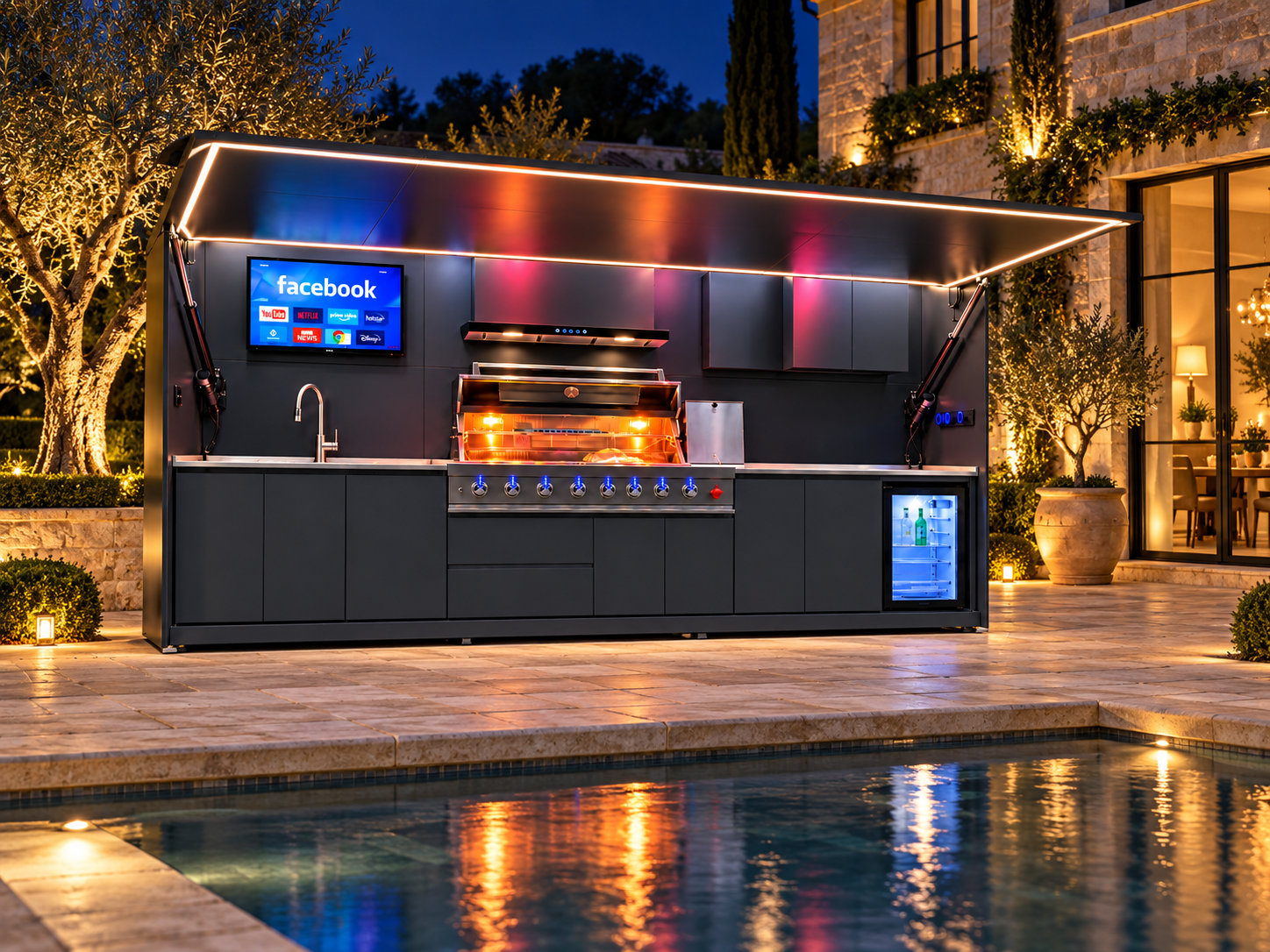 A bluehour outdoor kitchen beside an illuminated pool and stone garden house at dusk