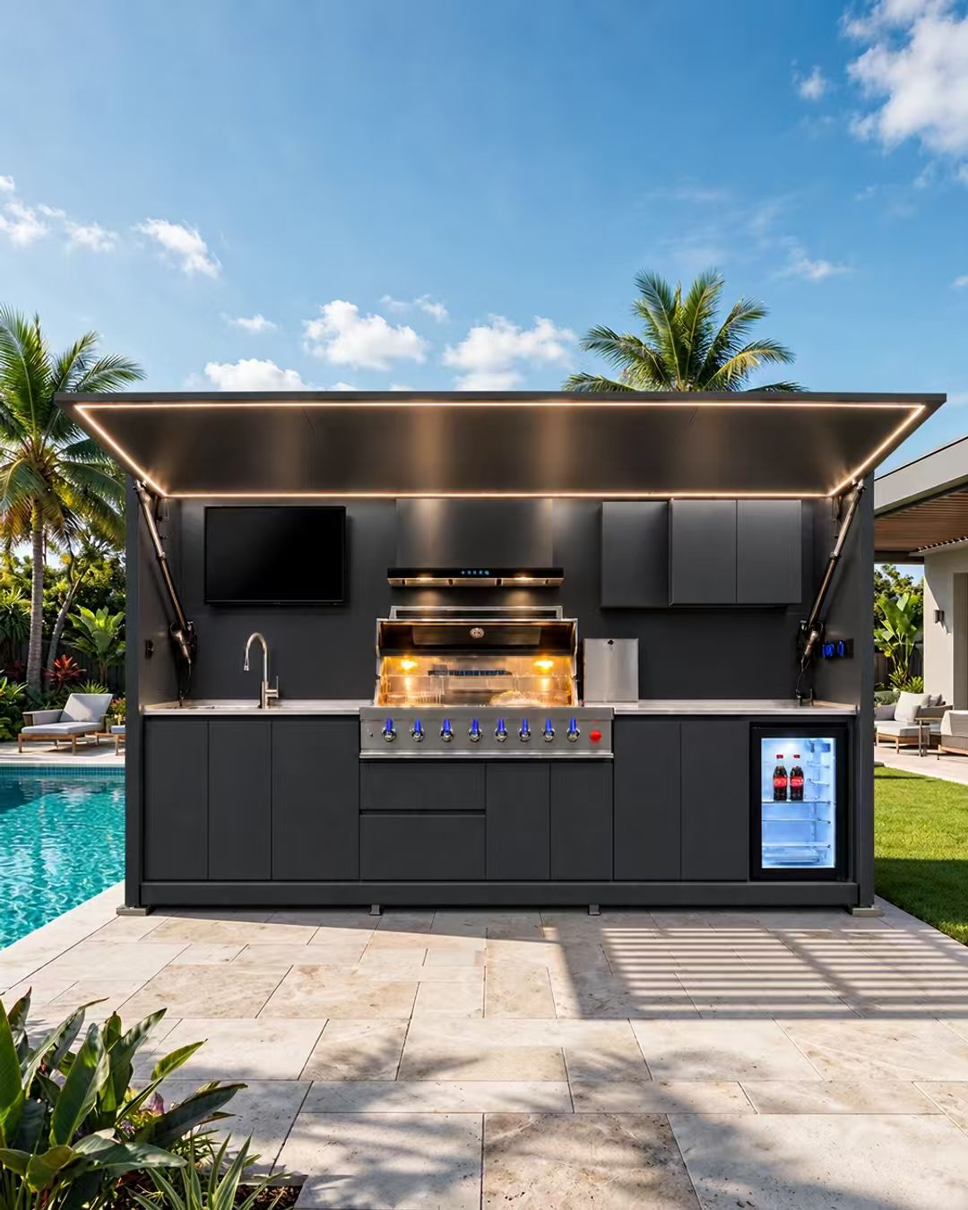 An open black bluehour outdoor kitchen beside a swimming pool under a blue sky