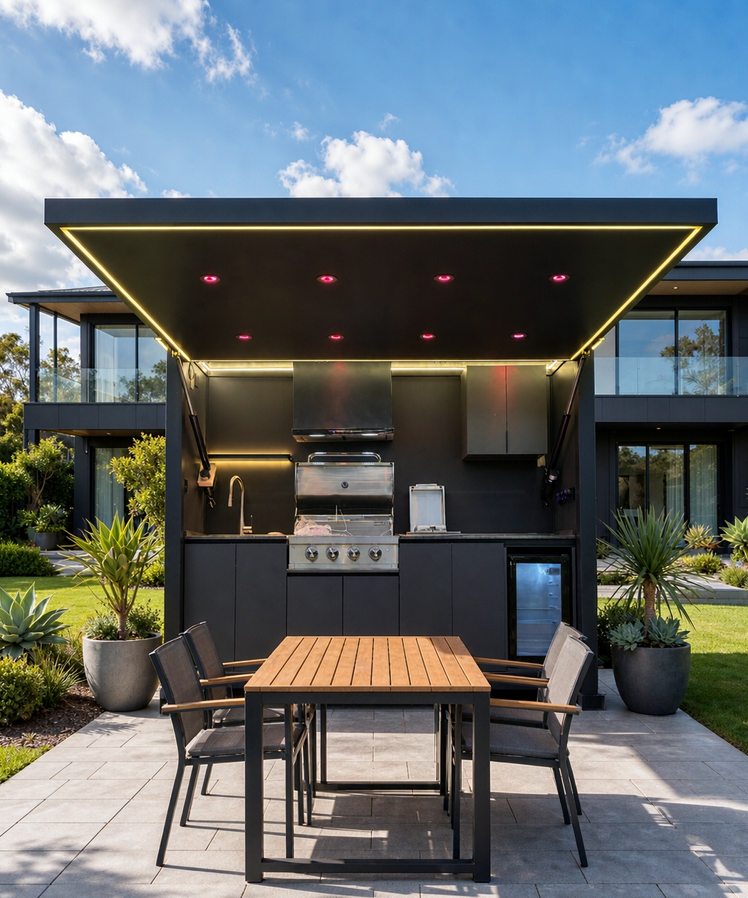 A bluehour outdoor kitchen with colored canopy lights and a dining table in front