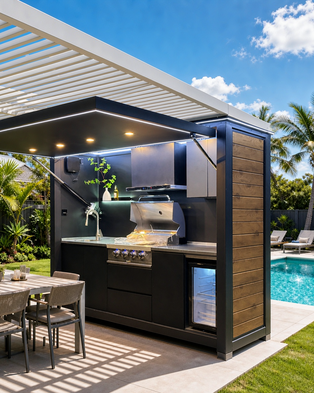 A fully assembled bluehour outdoor kitchen beneath a pergola beside a swimming pool