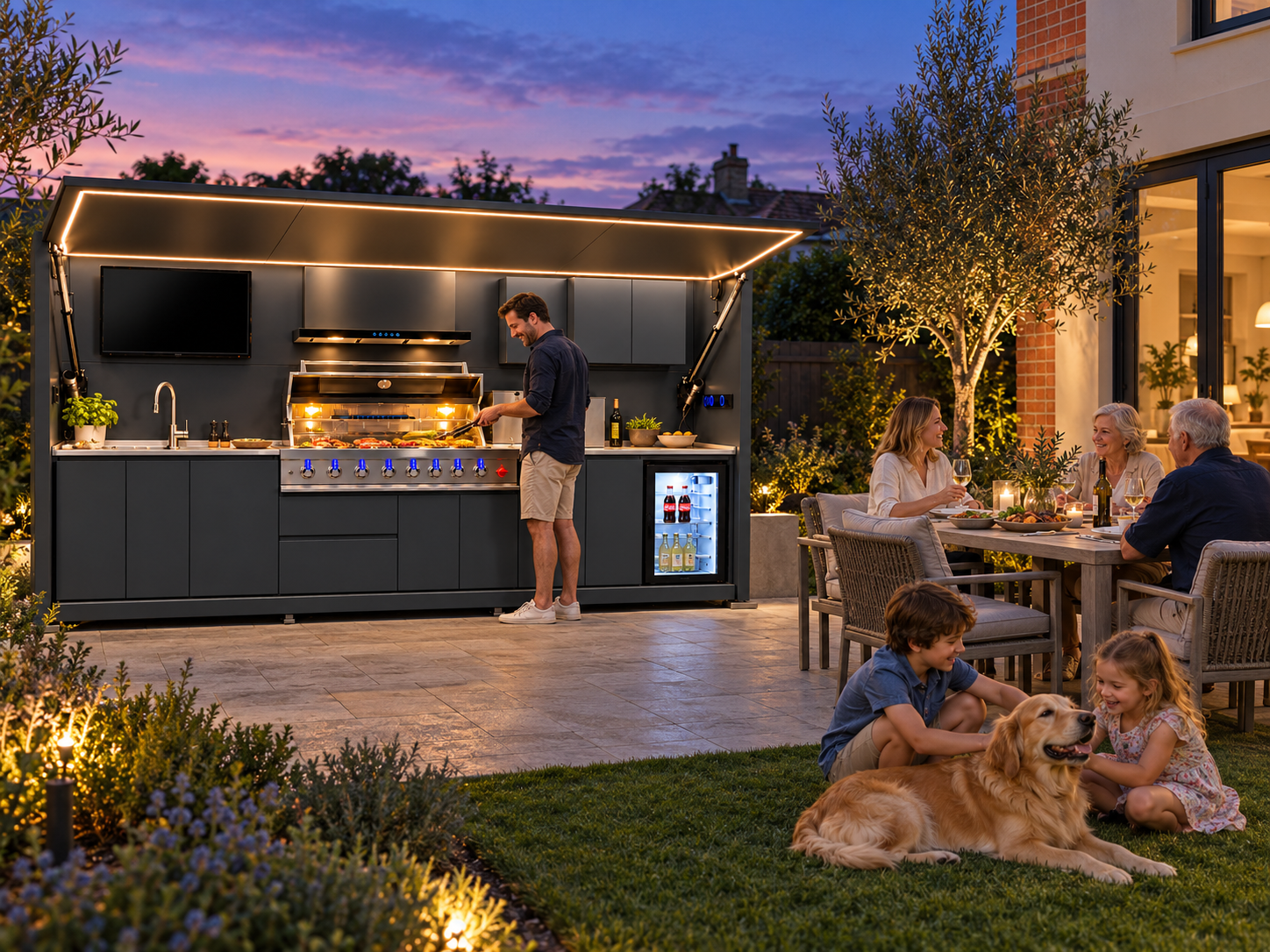Family cooking and dining beside a bluehour outdoor kitchen in a garden at dusk